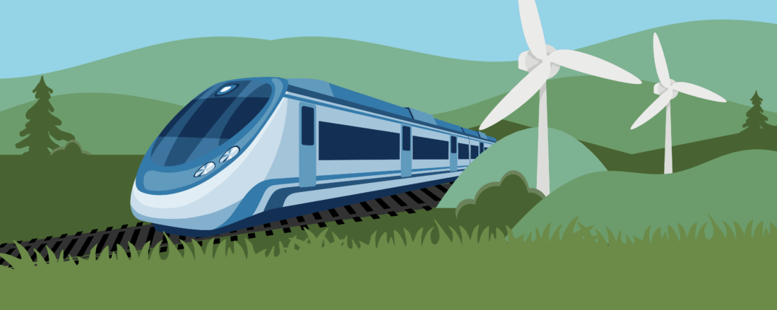 illustration of wind turbines near a train track