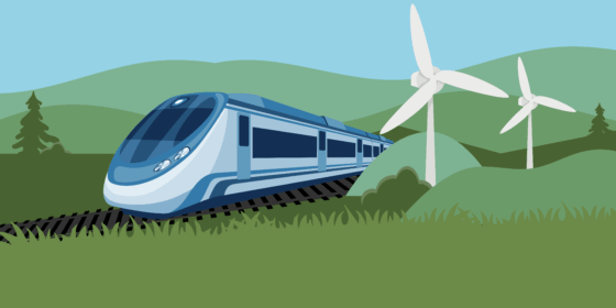 illustration of wind turbines near a train track