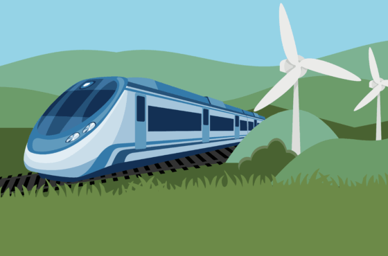 illustration of wind turbines near a train track